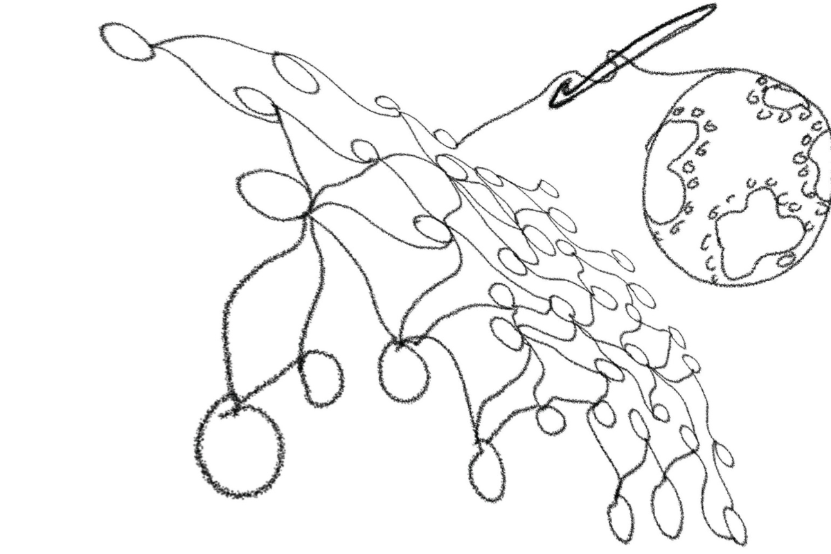 Hand-drawn illustration showing interconnected shapes and circles beside a pen and globe.